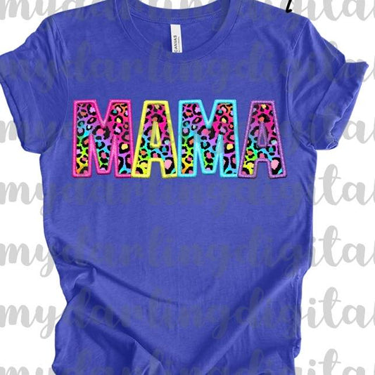 Faux Embroidery Rainbow Cheetah Mama Printed Tee