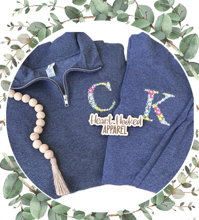 Floral Initial Monogrammed Quarter Zip/Pullover