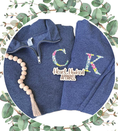 Floral Initial Monogrammed Quarter Zip/Pullover