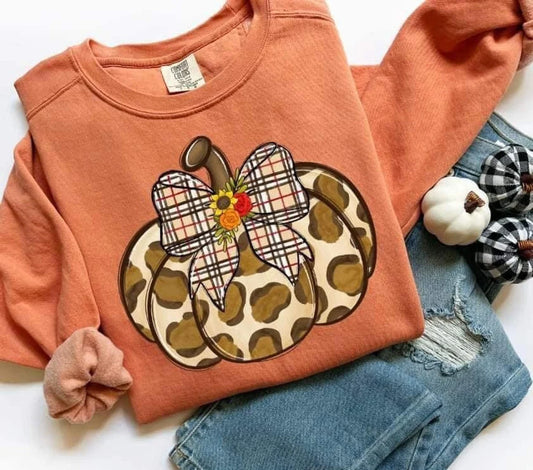 Leopard Pumpkin With Plaid Bow Sweatshirt