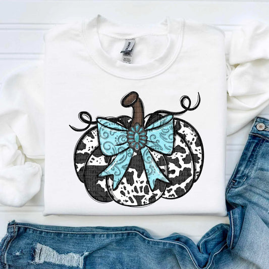 Cow Print Pumpkin With Turquoise Bow Sweatshirt